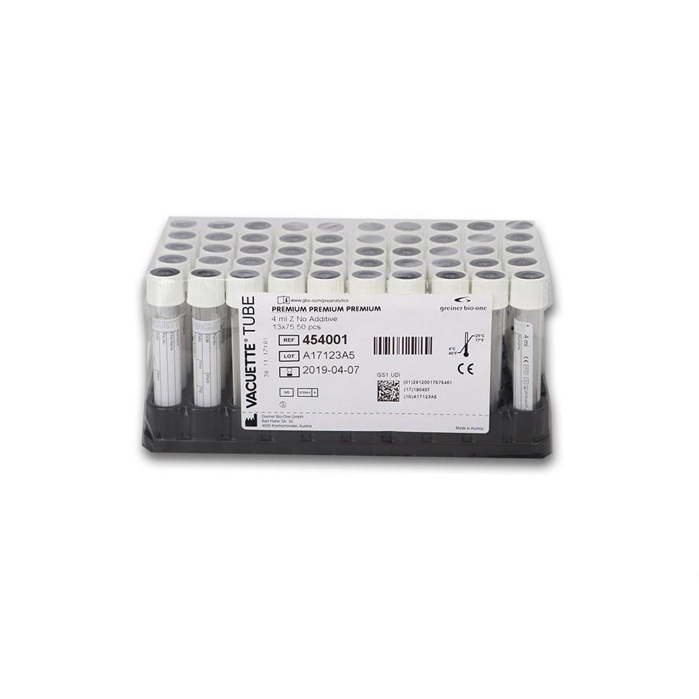 [G04540-010] VACUETTE® RÖHRCHEN 4 ml Z Ohne Zusatz 13x75 weiße Kappe-schwarzer Ring, PREMIUM (50 Stk)