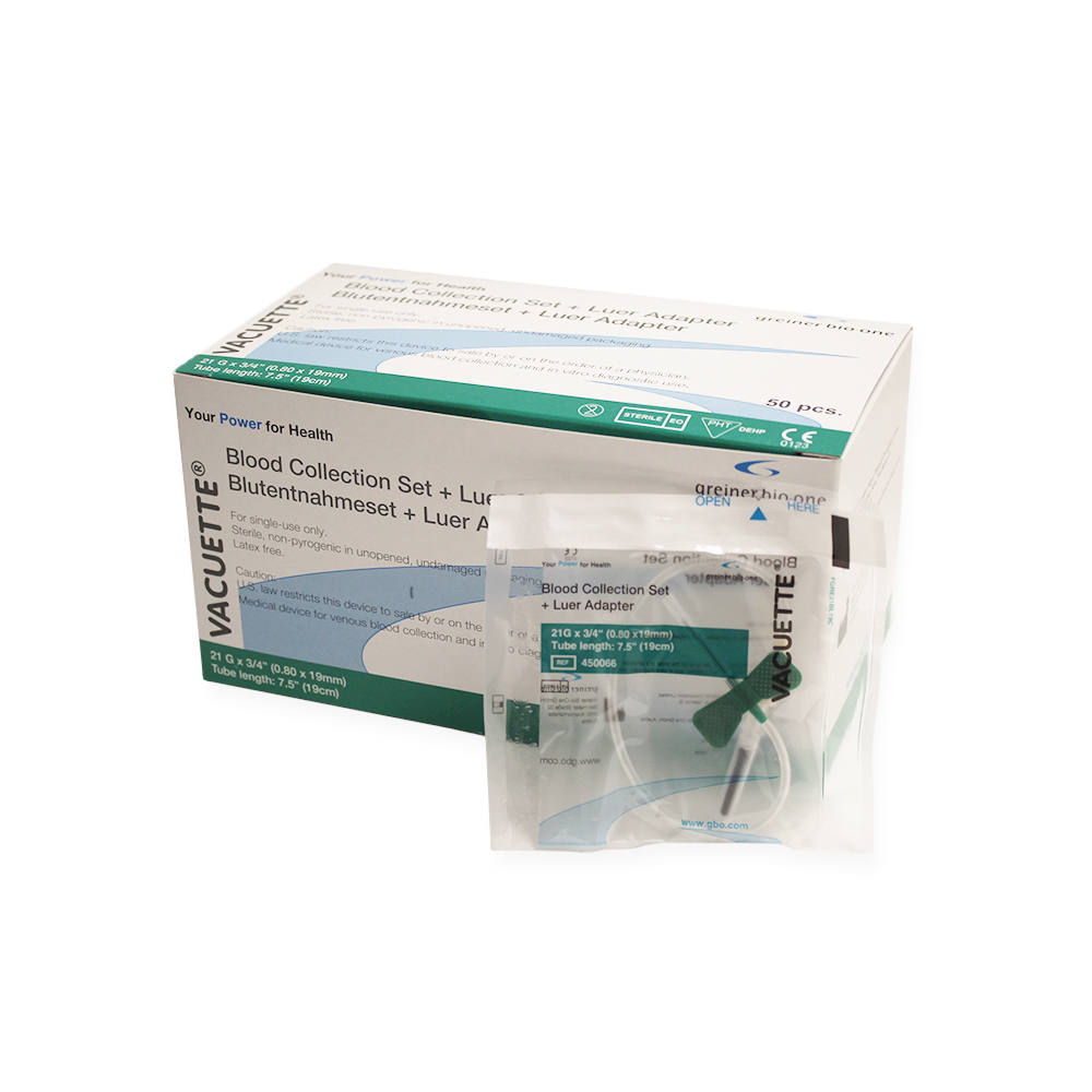 Blutentnahmeset + Luer Adapter 21G x ¾” steril, Schlauchlänge 19 cm, Nr. 450066 (50 Stk)