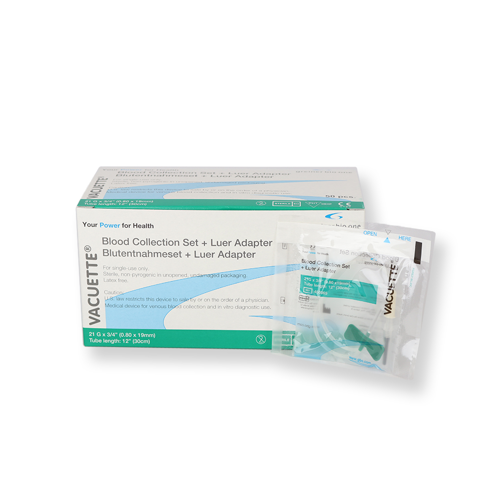 [G04500-650] Blutentnahmeset + Luer Adapter 21G x 3/4" Schlauchlänge 12" (30 cm), einzelverpackt, steril, Latex-frei (50 Stk)