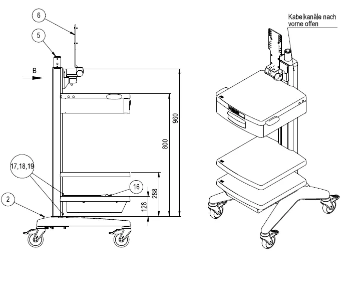 Gerätewagen für CS-104 mit Schubfach und 2 Ablageböden, vexio-cart 30E - ABVERKAUF