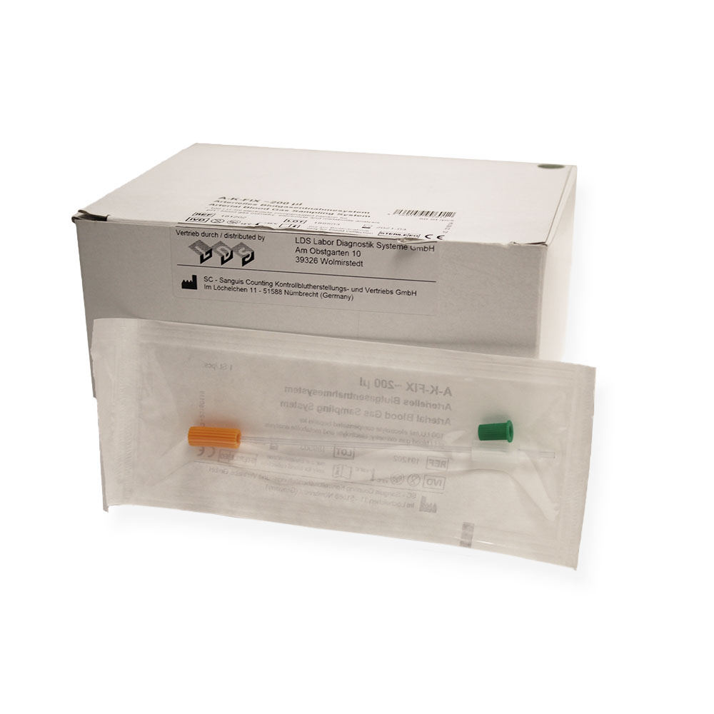 [E01119-530] A-K-FIX, Kunststoff-Kapillare für Blutgas, 230 µl, Durchm. 2,35 x 130 mm, Li-Heparin, steril (für arterielle Abnahme) 50 Stück