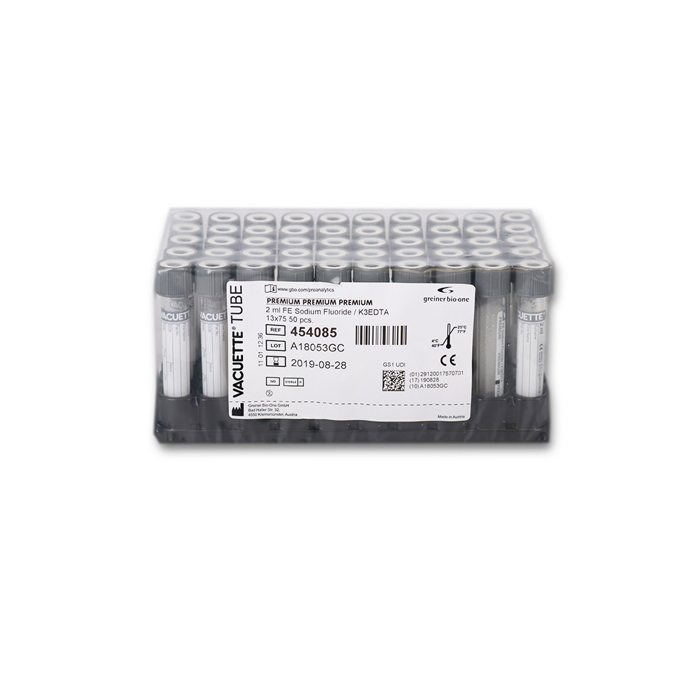 [G04540-850] VACUETTE® RÖHRCHEN 2 ml Natrium Fluorid / K3EDTA 13x75 graue Kappe-weißer Ring, PREMIUM (50 Stk)