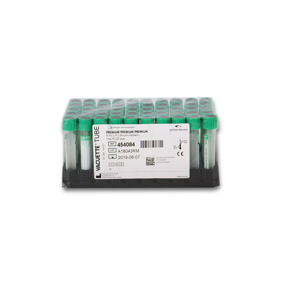 VACUETTE® Röhrchen 4 ml LH Lithium-Heparin grüne Kappe, schwarzer Ring, PREMIUM, Nr. 454084, 05472784001 (50 Stk)