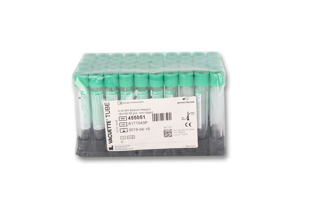 VACUETTE® RÖHRCHEN 9 ml NH Sodium Heparin 16x100 grüne Kappe-grüner Ring (50 Stk)