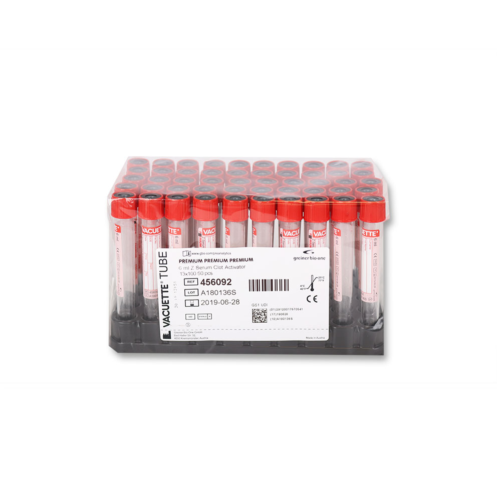 ​​VACUETTE® RÖHRCHEN 9 ml CAT Serum Gerinnungsaktivator 16x100 rote Kappe-schwarzer Ring, Nr. 455092 (50 Stk)