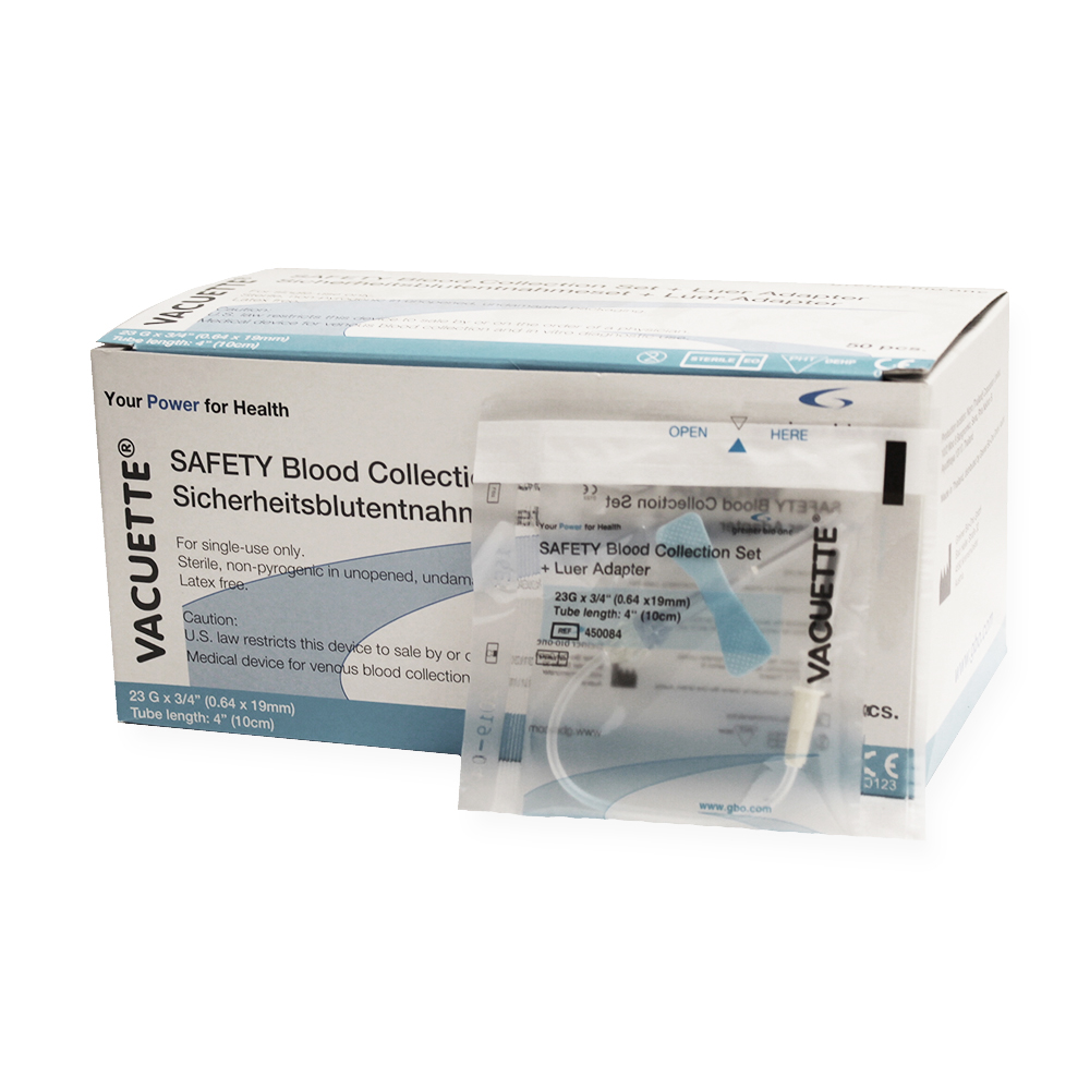 Sicherheitsblutentnahmeset + Luer Adapter 23G x 3/4" Schlauchlänge 4" (10 cm), einzelverpackt, steril, Latex-frei, steril (90 Stk)