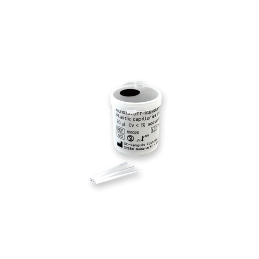 [C01106-223] Kunststoff Kapillare/End-to-End-Micropipetten 20 µl Natrium heparinisiert für Biosen, Medonic, AC, Alfa (100 Stk)
