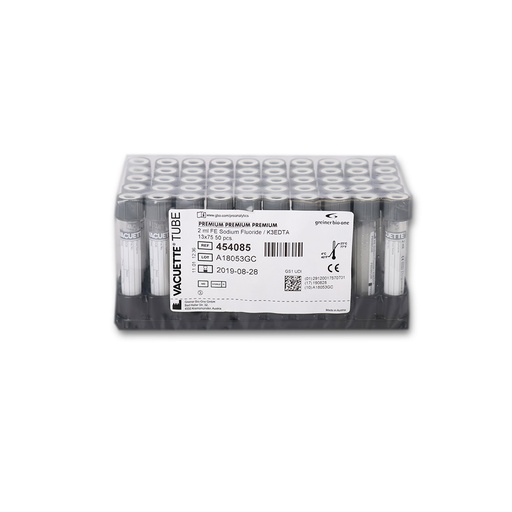 [G04540-850] VACUETTE® RÖHRCHEN 2 ml Natrium Fluorid / K3EDTA 13x75 graue Kappe-weißer Ring, PREMIUM (50 Stk)