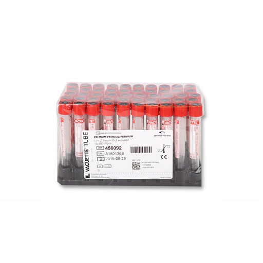 [G04550-920] ​​VACUETTE® RÖHRCHEN 9 ml CAT Serum Gerinnungsaktivator 16x100 rote Kappe-schwarzer Ring, Nr. 455092 (50 Stk)