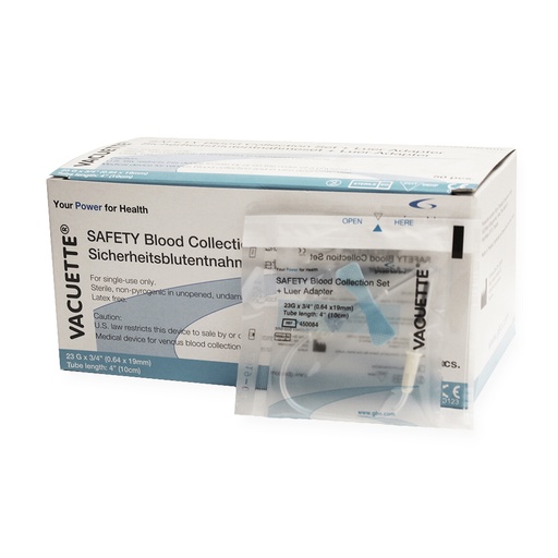 [G04500-841] Sicherheitsblutentnahmeset + Luer Adapter 23G x 3/4" Schlauchlänge 4" (10 cm), einzelverpackt, steril, Latex-frei, steril (90 Stk)